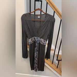 Single Charcoal Dress with Silk Snake Print Detail, Size Small